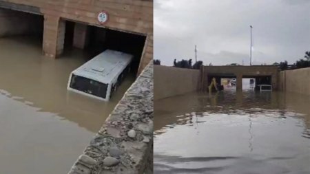 Bakıda sərnişin avtobusu suyun içində qaldı - 