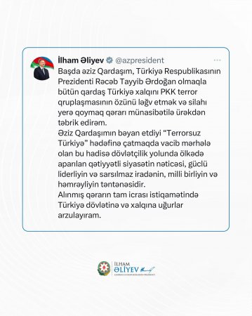 Azərbaycan Prezidenti Türkiyəni təbrik edib
