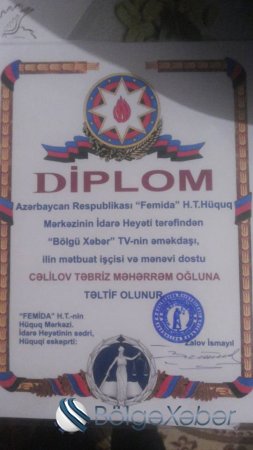 "Bölgə TV” nin əməkdaşı "İlin mətbuat işçisi və mənəvi dostu"diplomu ilə təltif olunub-